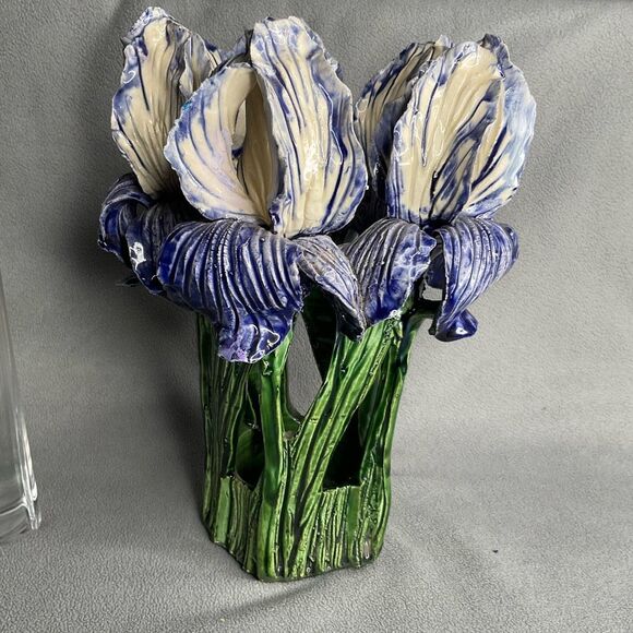 AVATAR Pottery Sculpted Ceramic Vase Majolica Garden Purple Iris Signed HandMade - Picture 11 of 14